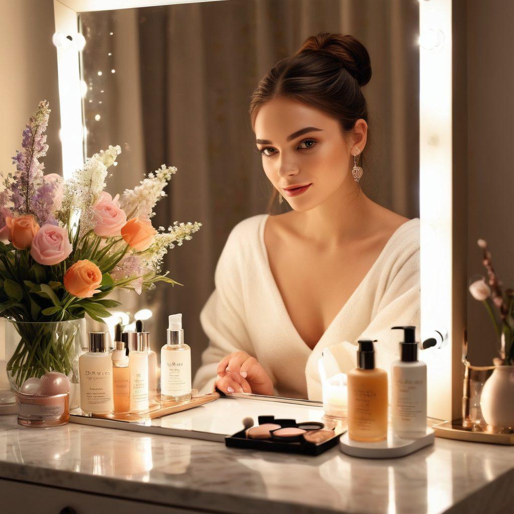 A serene vanity table filled with exquisite skincare products and makeup essentials; a radiant woman with flawless skin applying serum while an array of glowing makeup products surround her. The scene should exude elegance, freshness, and a magical charm. super-realistic. vibrant colors. soft lighting.