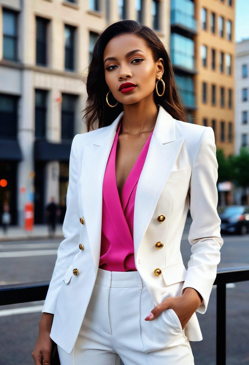 A chic and stylish woman standing confidently in a glamorous setting with a cityscape backdrop, dressed in the latest fashion trends like a tailored blazer, high-waisted trousers, and statement accessories. She’s applying a vibrant lipstick, symbolizing beauty secrets. Splashes of soft pastel hues and golden accents add a touch of elegance. super-realistic. vibrant colors. white background.