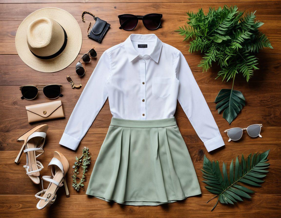 A stylish flat lay of fashionable clothing and accessories including chic dresses, trendy shirts, sleek handbags, designer sunglasses, and elegant shoes. The items should be arranged aesthetically on a wooden surface with a touch of greenery for flair. vibrant colors. super-realistic.